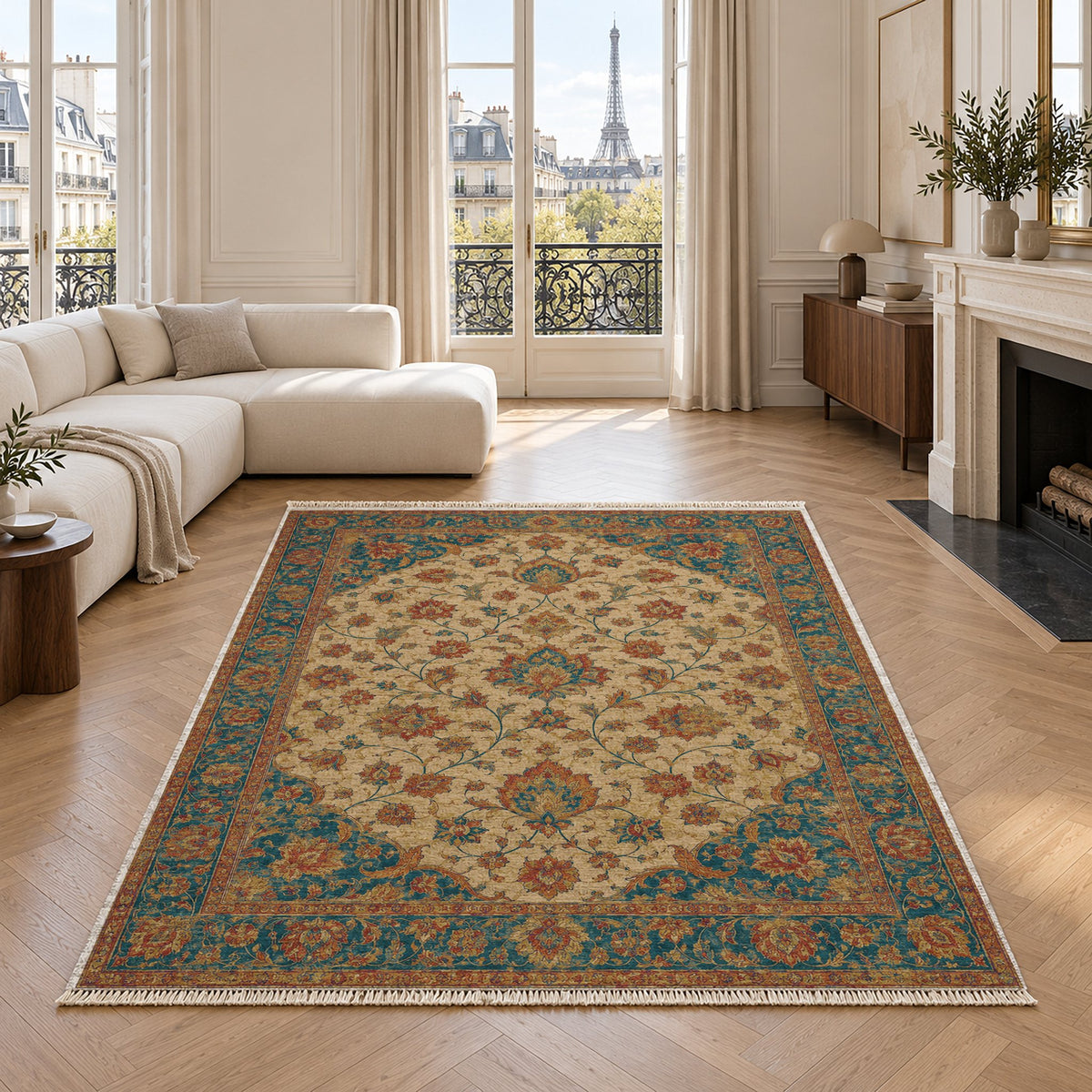 Ivory Arabesque Peacock & Ochre washable rug in a living room with an Eiffel Tower view
