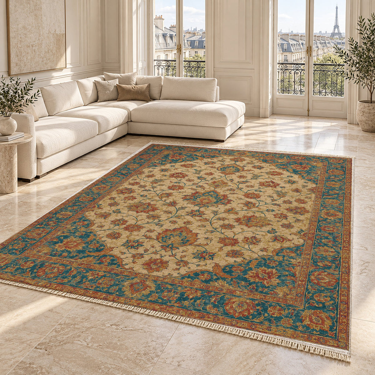 Ivory Arabesque Peacock & Ochre washable rug angled room view on marble