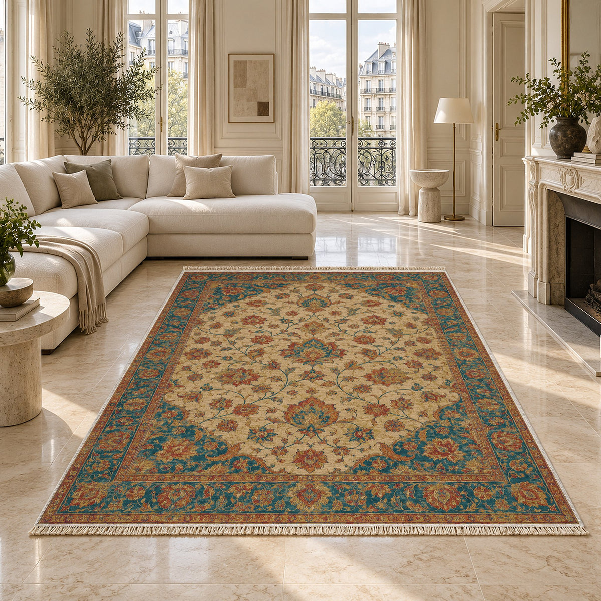 Ivory Arabesque Peacock & Ochre washable rug on a marble floor
