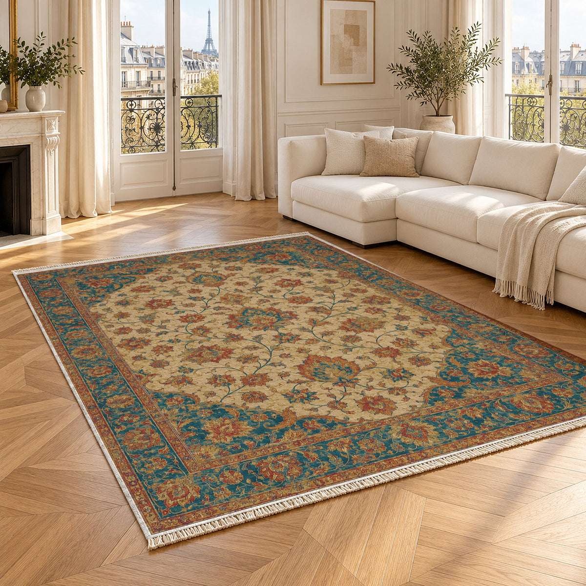 Ivory Arabesque Peacock & Ochre washable rug angled room view