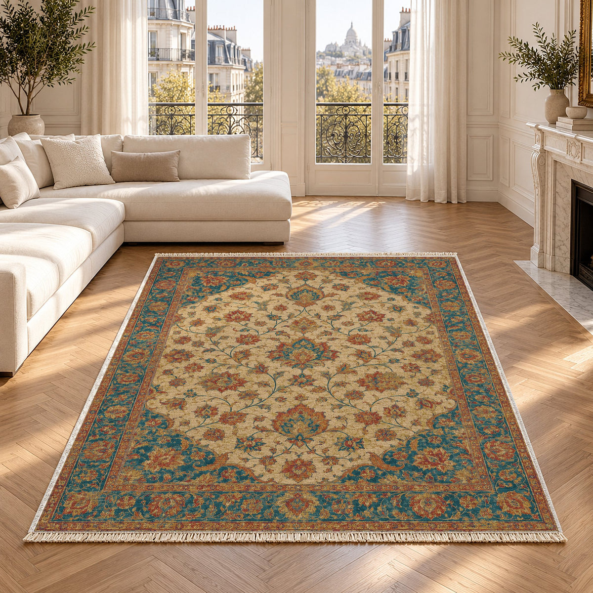 Ivory Arabesque Peacock & Ochre washable rug in a Paris living room