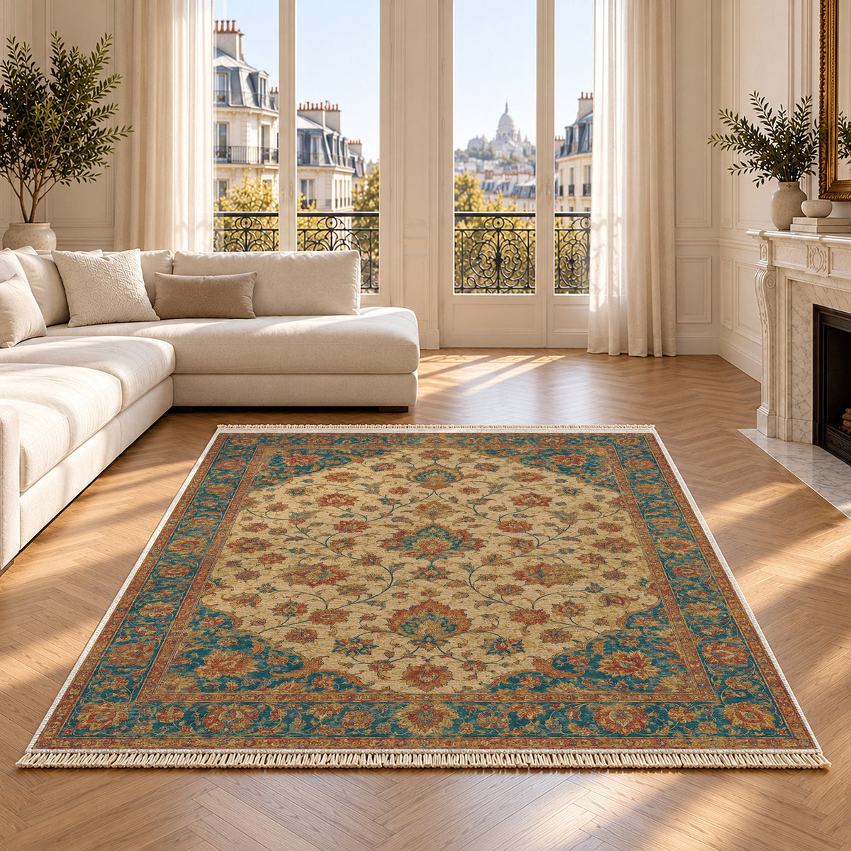 Ivory Arabesque Peacock & Ochre washable rug on an oak floor
