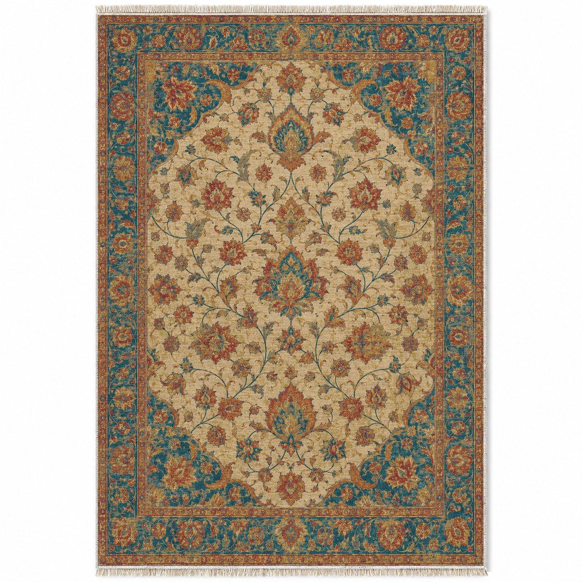 Ivory Arabesque Peacock & Ochre washable rug top view