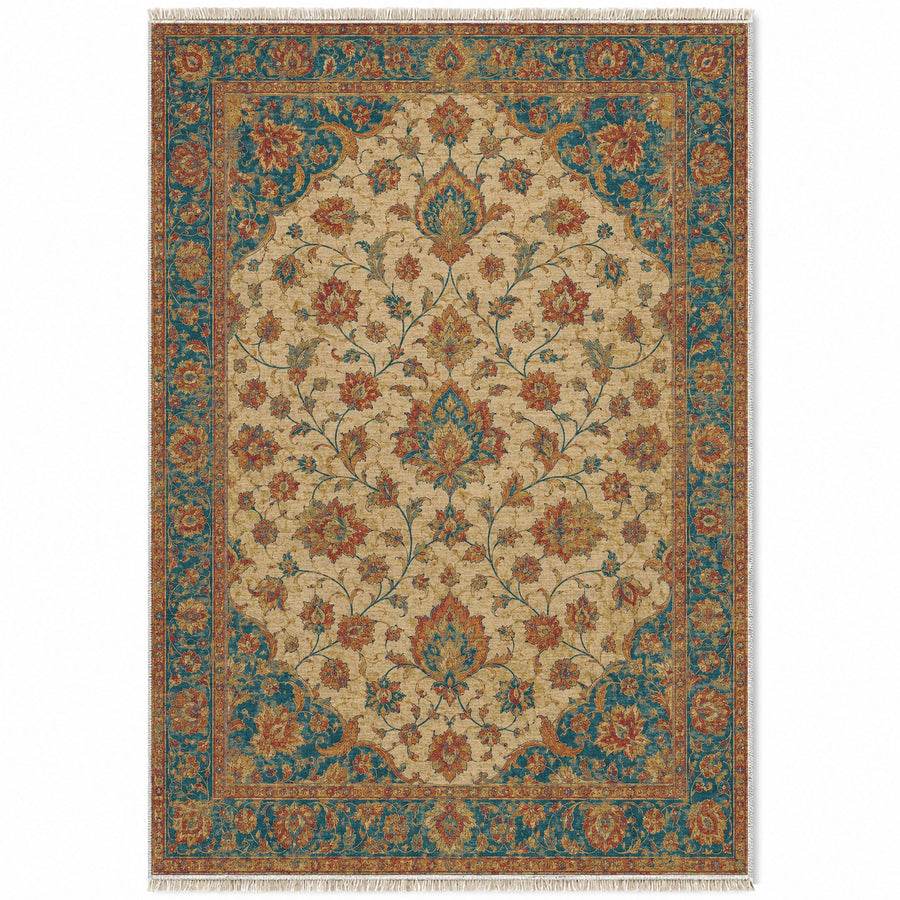 Ivory Arabesque Peacock & Ochre Persian Washable Rug