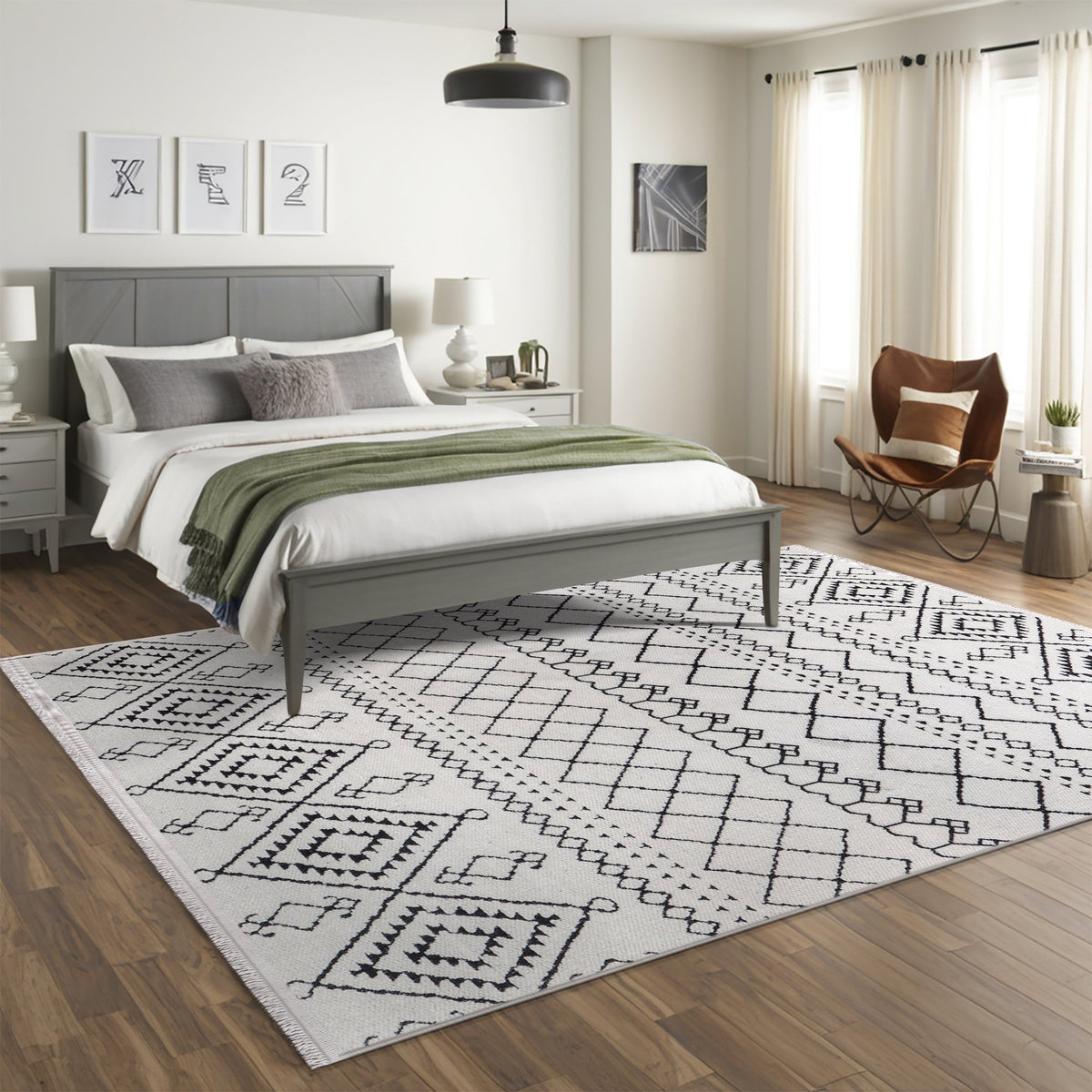 Ivory Berber Diamond Washable Rug in a living room
