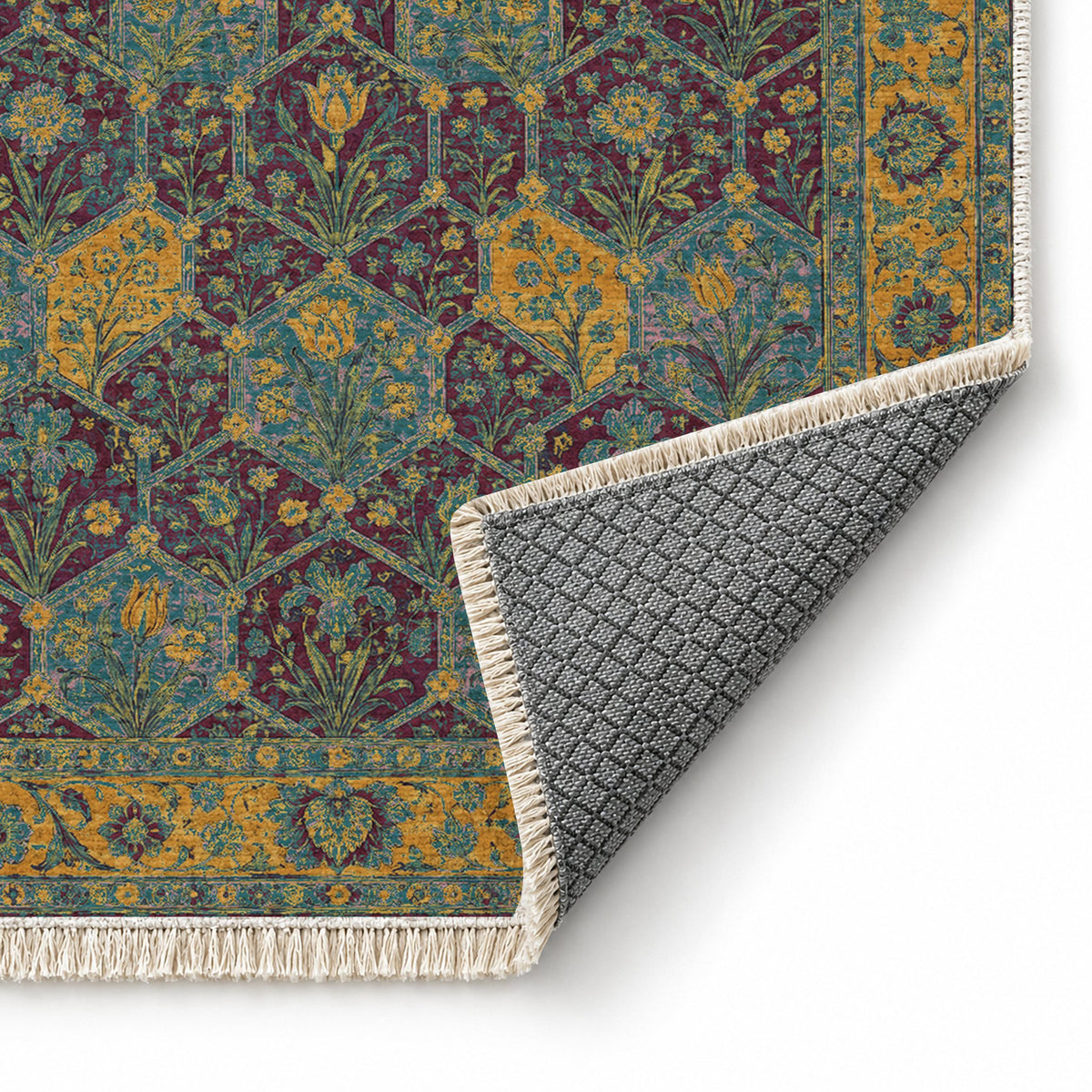 Jali Garden Burgundy & Teal washable rug folded corner showing the backing