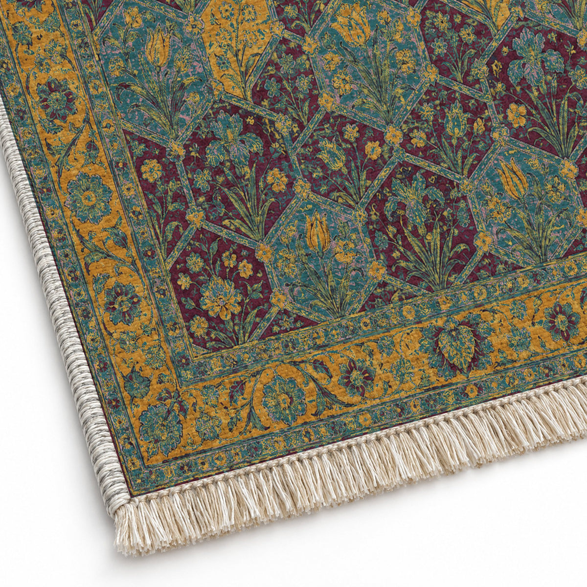 Jali Garden Burgundy & Teal washable rug close-up of the printed chenille