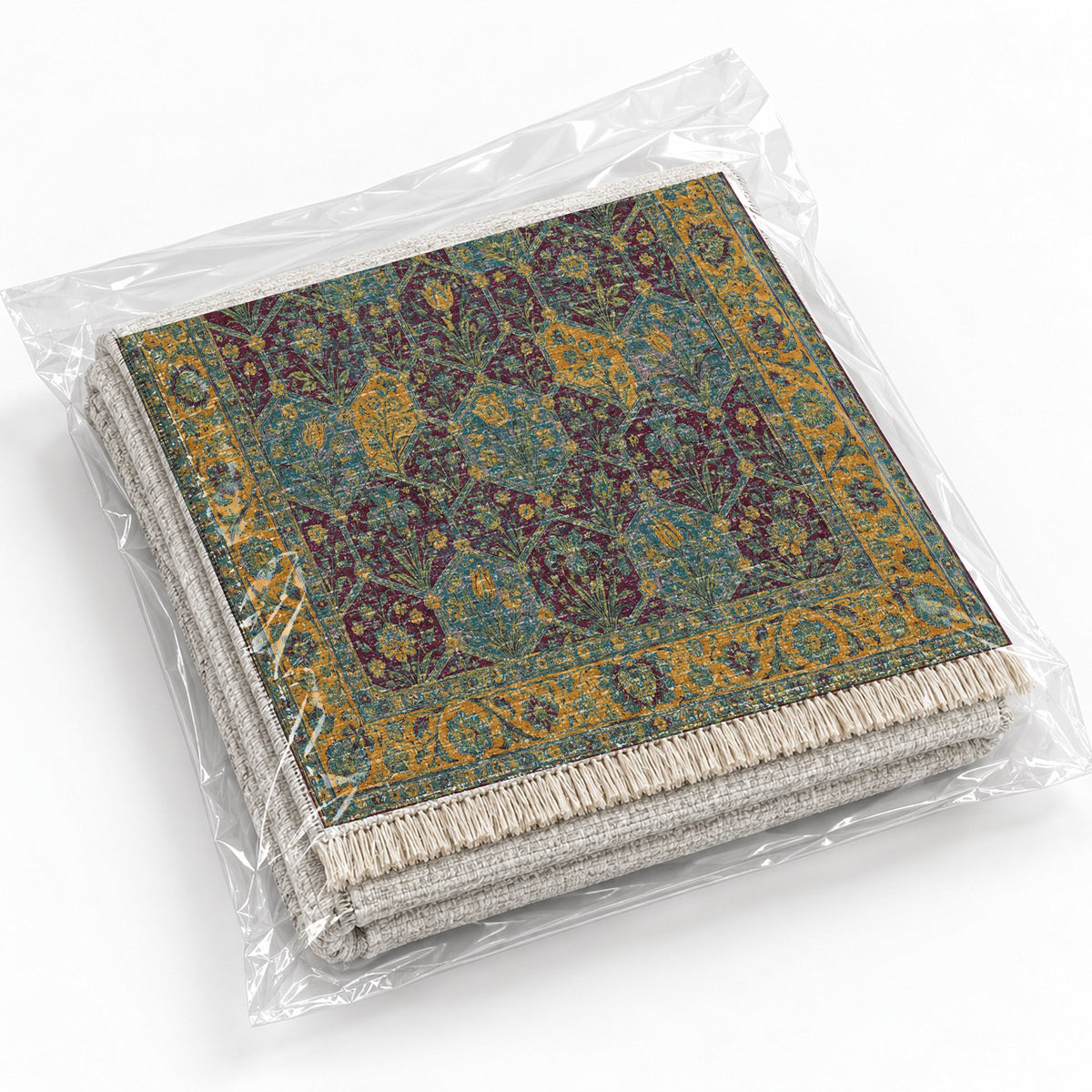 Jali Garden Burgundy & Teal washable rug rolled and packaged