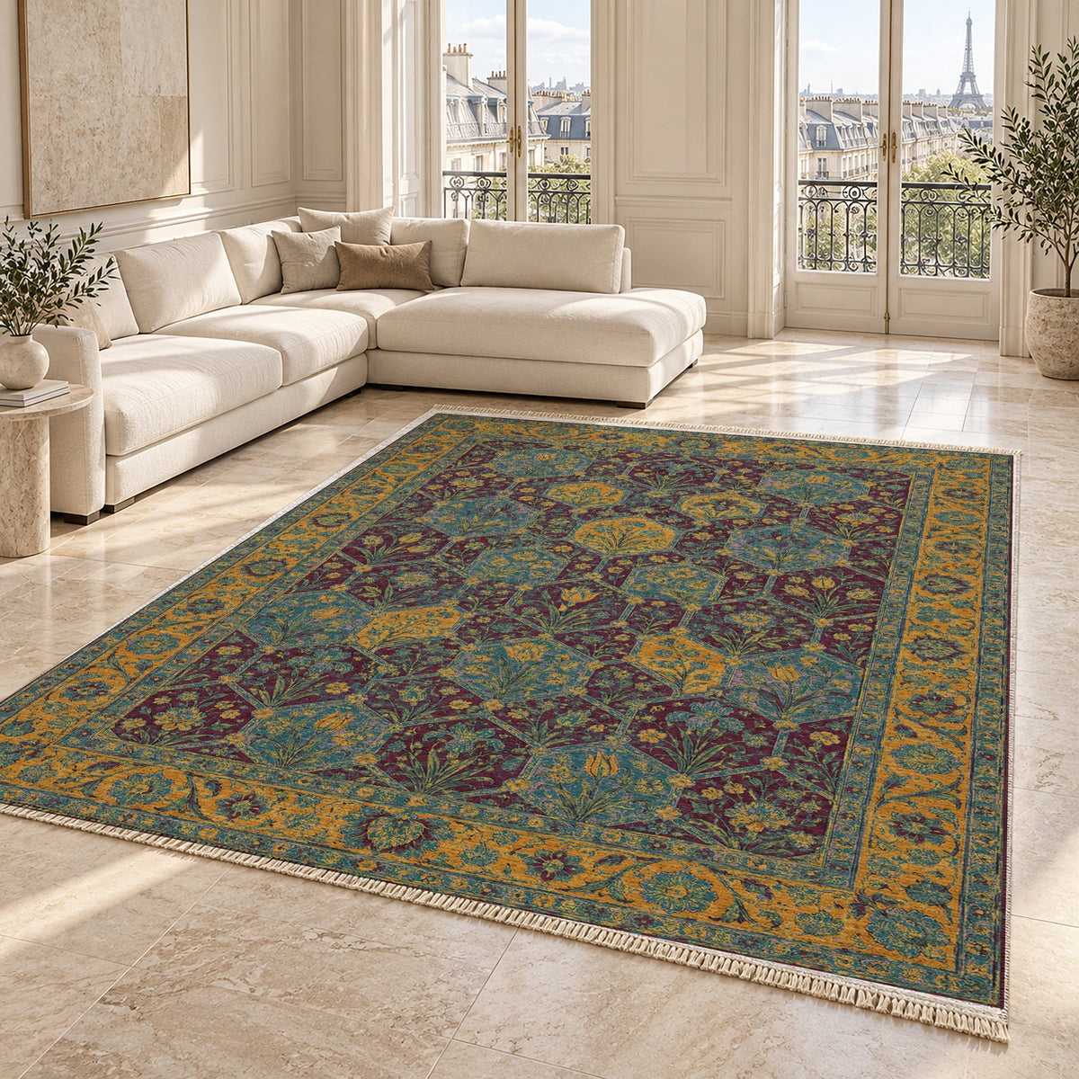 Jali Garden Burgundy & Teal washable rug angled room view on marble