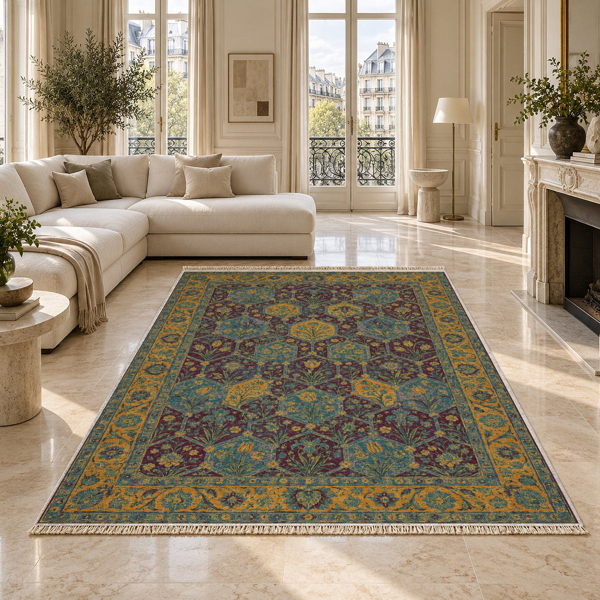 Jali Garden Burgundy & Teal washable rug on a marble floor