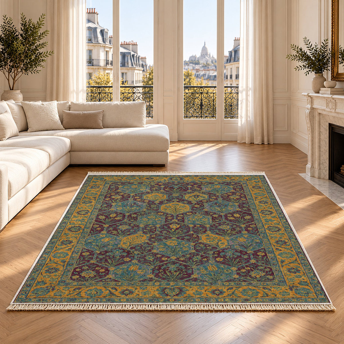 Jali Garden Burgundy & Teal washable rug on an oak floor