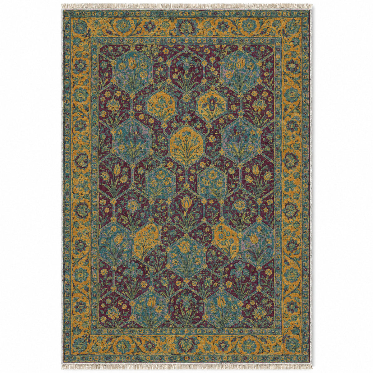 Jali Garden Burgundy & Teal washable rug top view