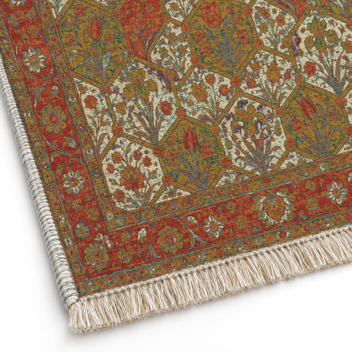 Jali Garden Emerald & Terracotta washable rug close-up of the printed chenille