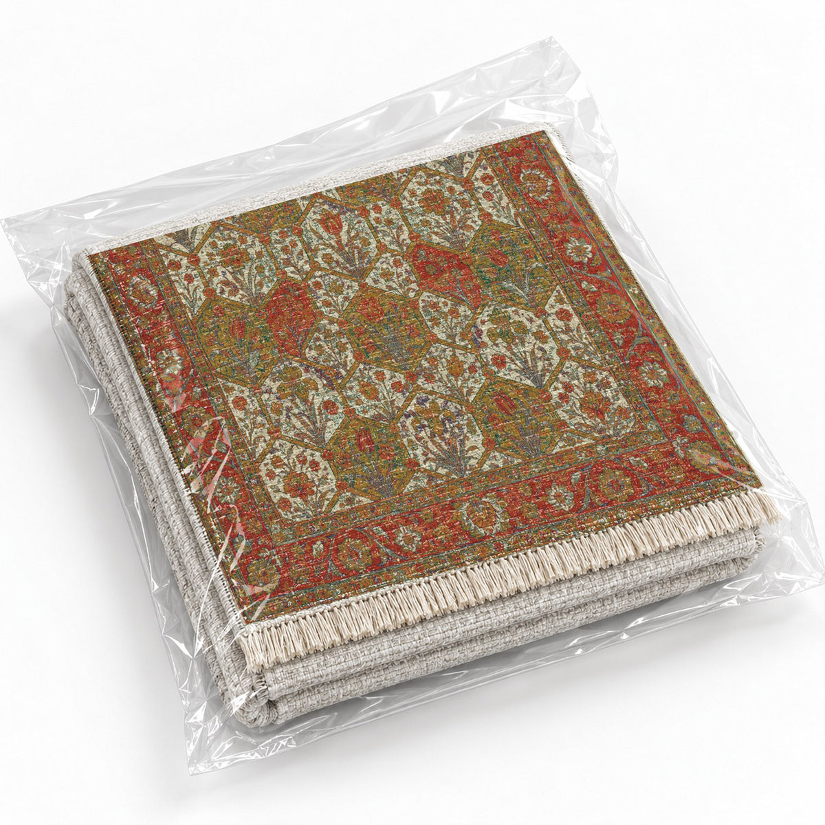 Jali Garden Emerald & Terracotta washable rug rolled and packaged