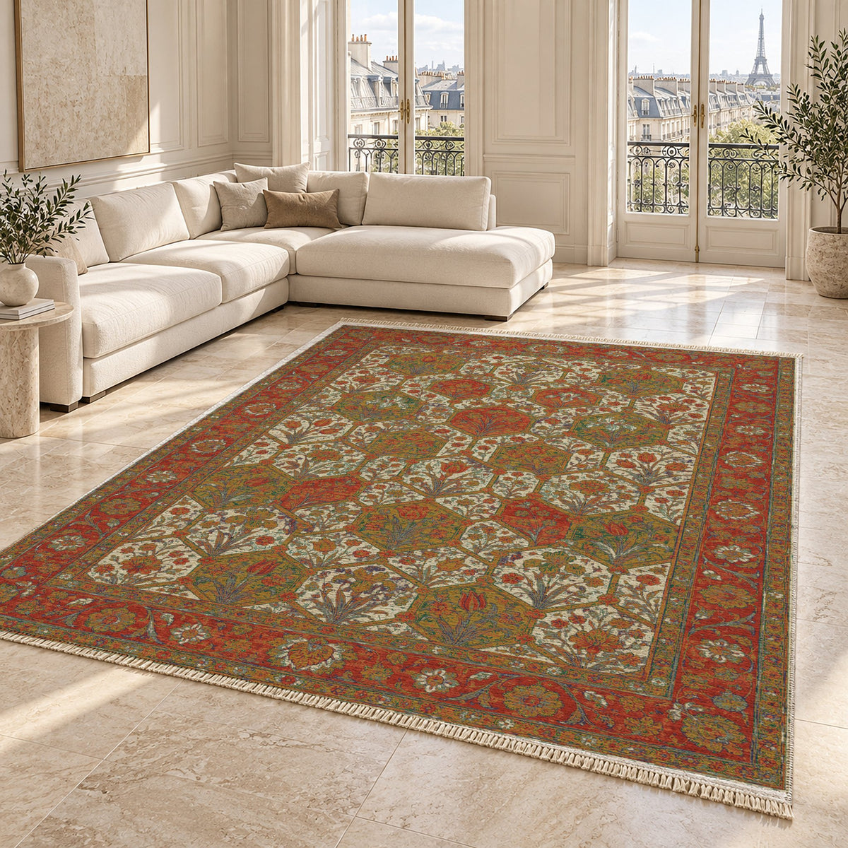 Jali Garden Emerald & Terracotta washable rug angled room view on marble