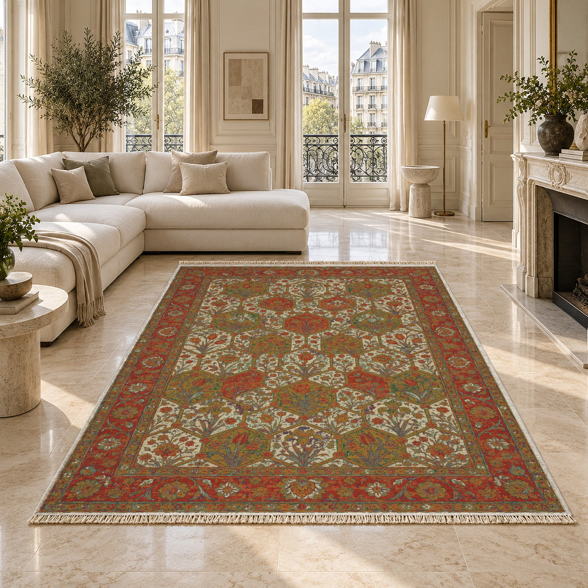 Jali Garden Emerald & Terracotta washable rug on a marble floor