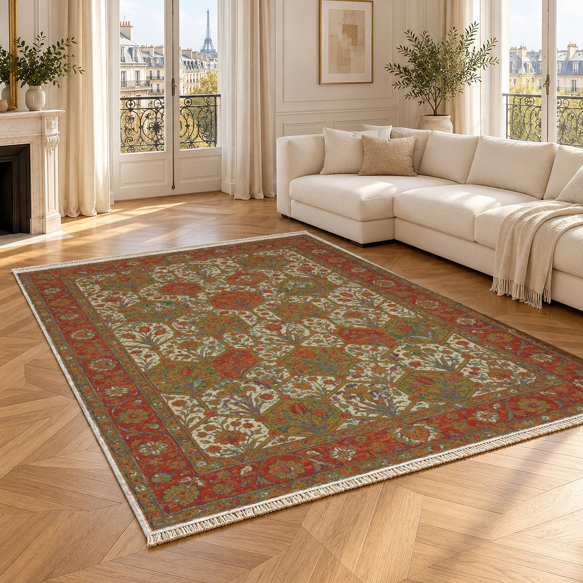 Jali Garden Emerald & Terracotta washable rug angled room view