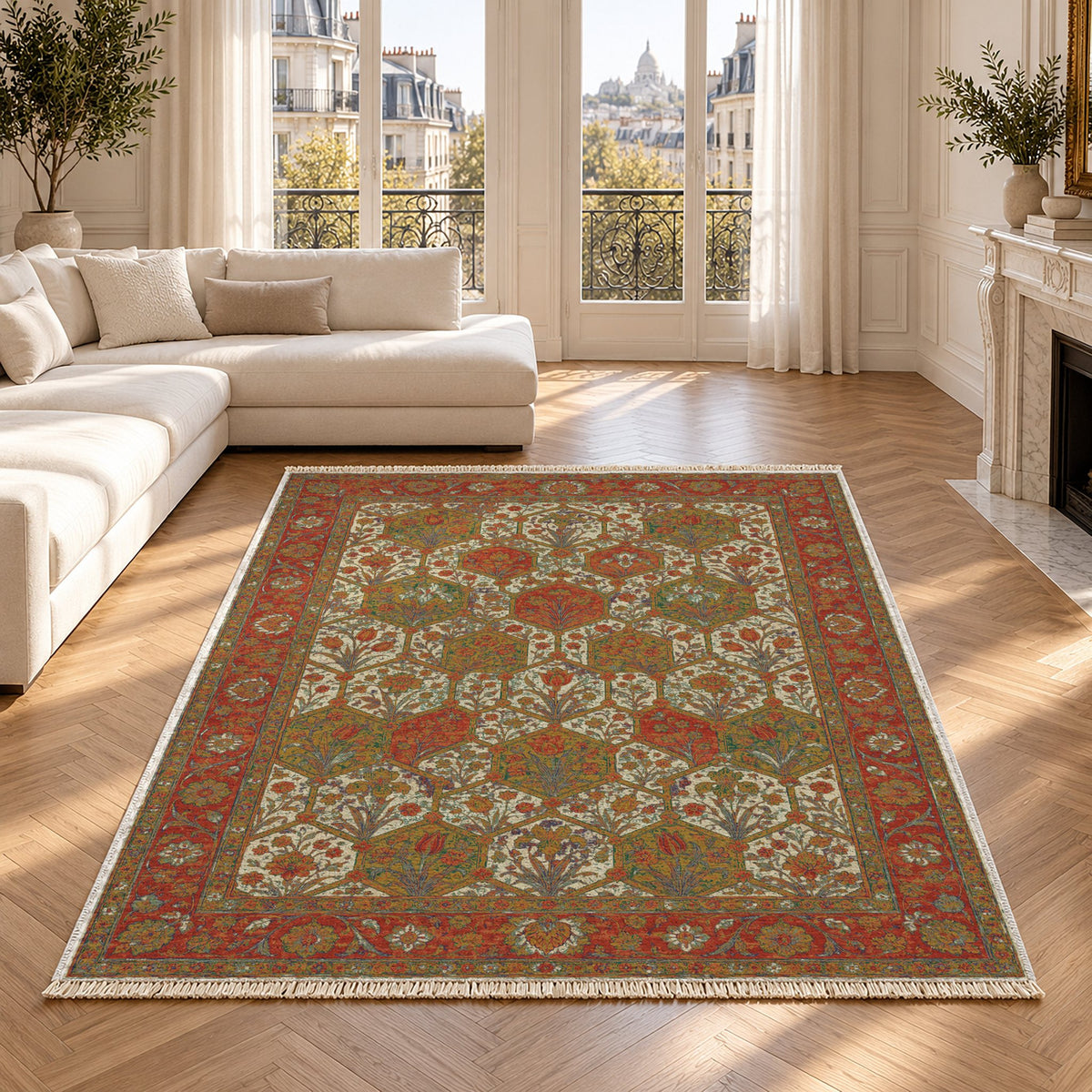 Jali Garden Emerald & Terracotta washable rug in a Paris living room