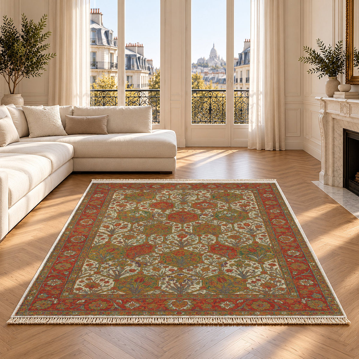 Jali Garden Emerald & Terracotta washable rug on an oak floor
