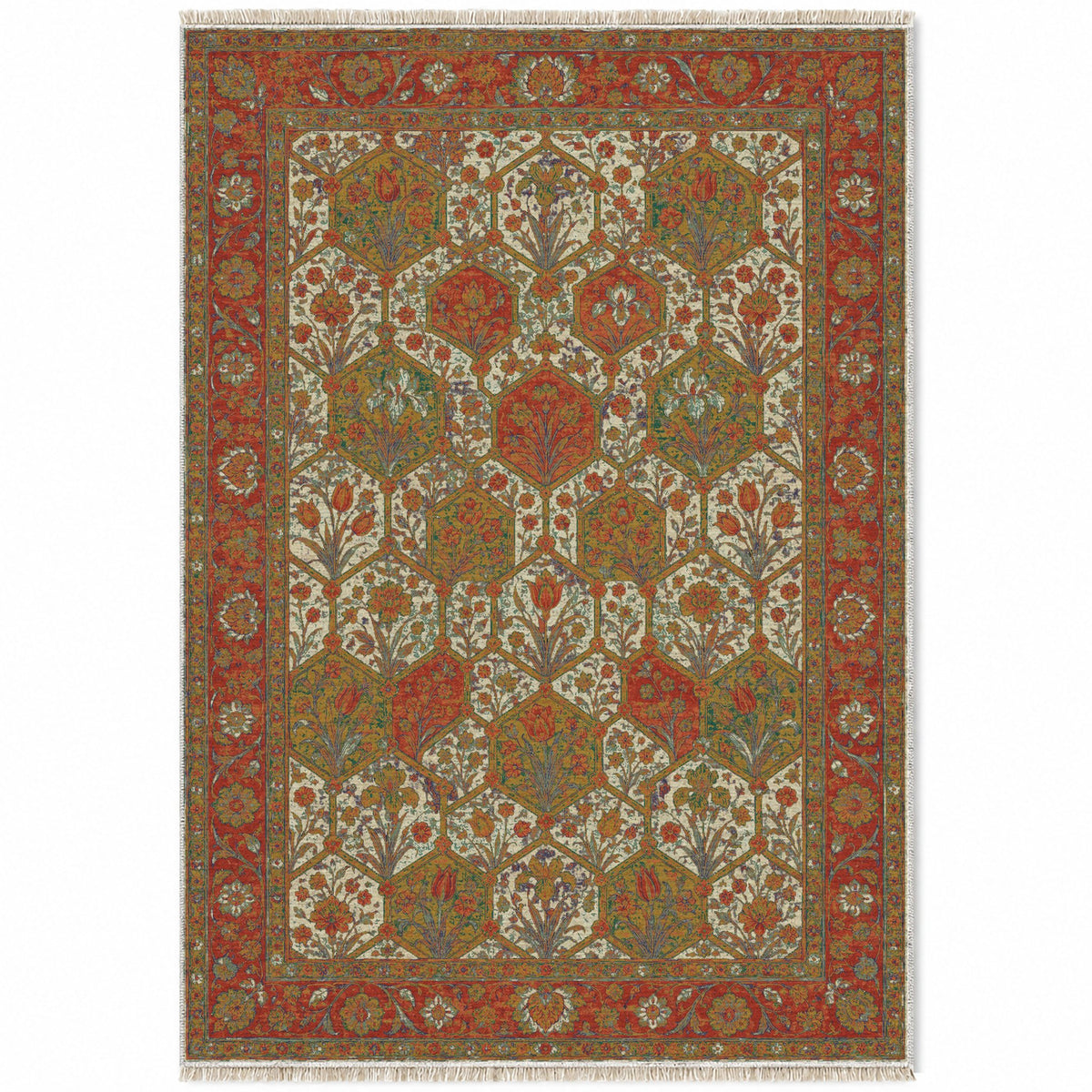 Jali Garden Emerald & Terracotta washable rug top view