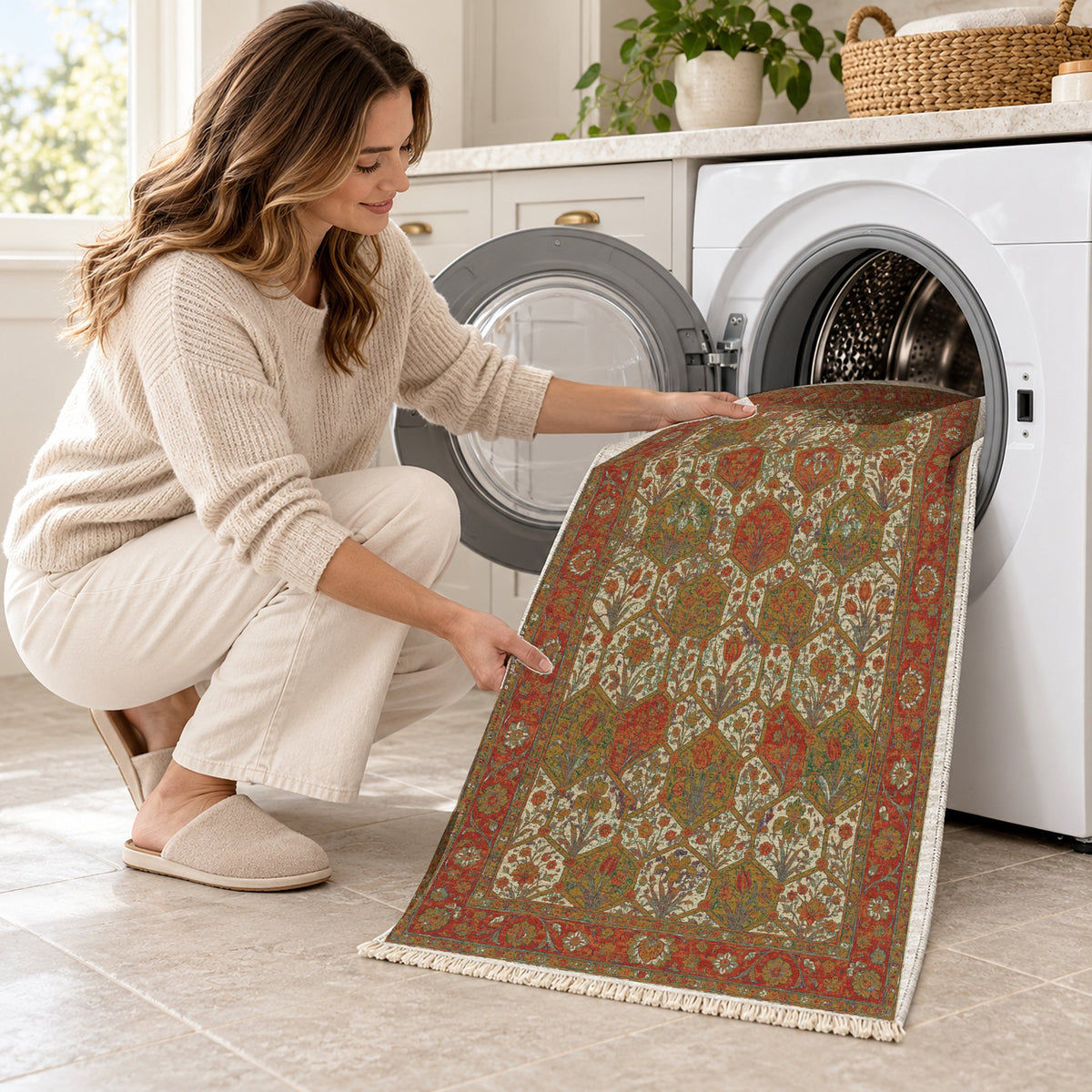 Jali Garden Emerald & Terracotta washable rug being loaded into a washing machine