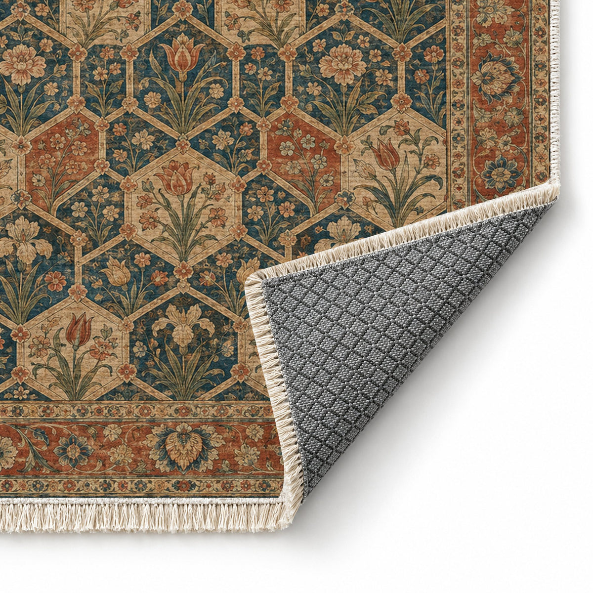 Jali Garden Indigo & Rust washable rug folded corner showing the backing