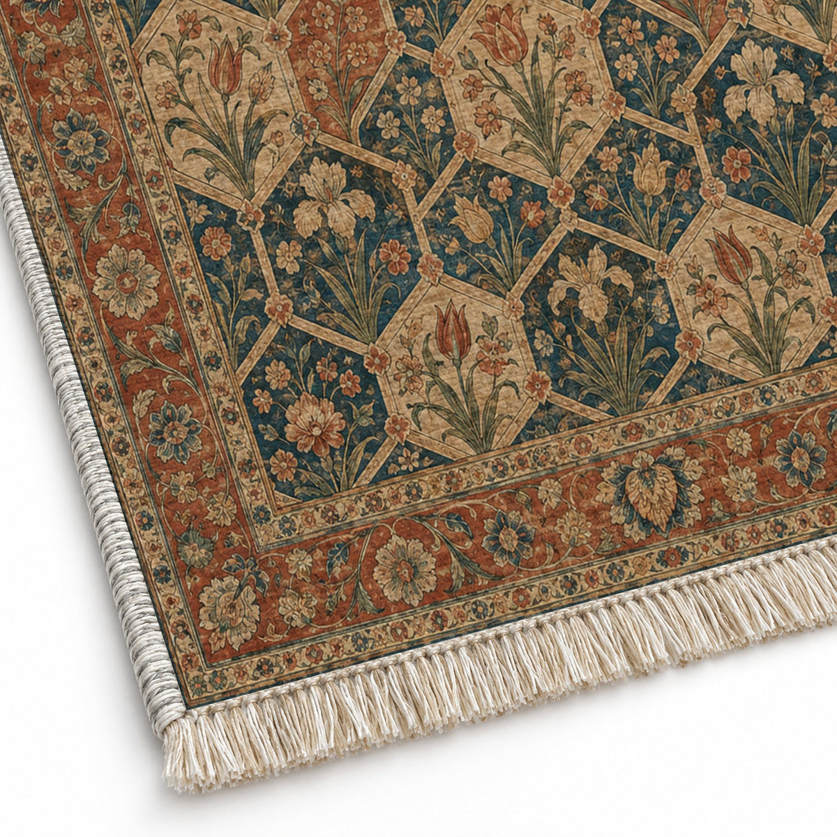 Jali Garden Indigo & Rust washable rug close-up of the printed chenille