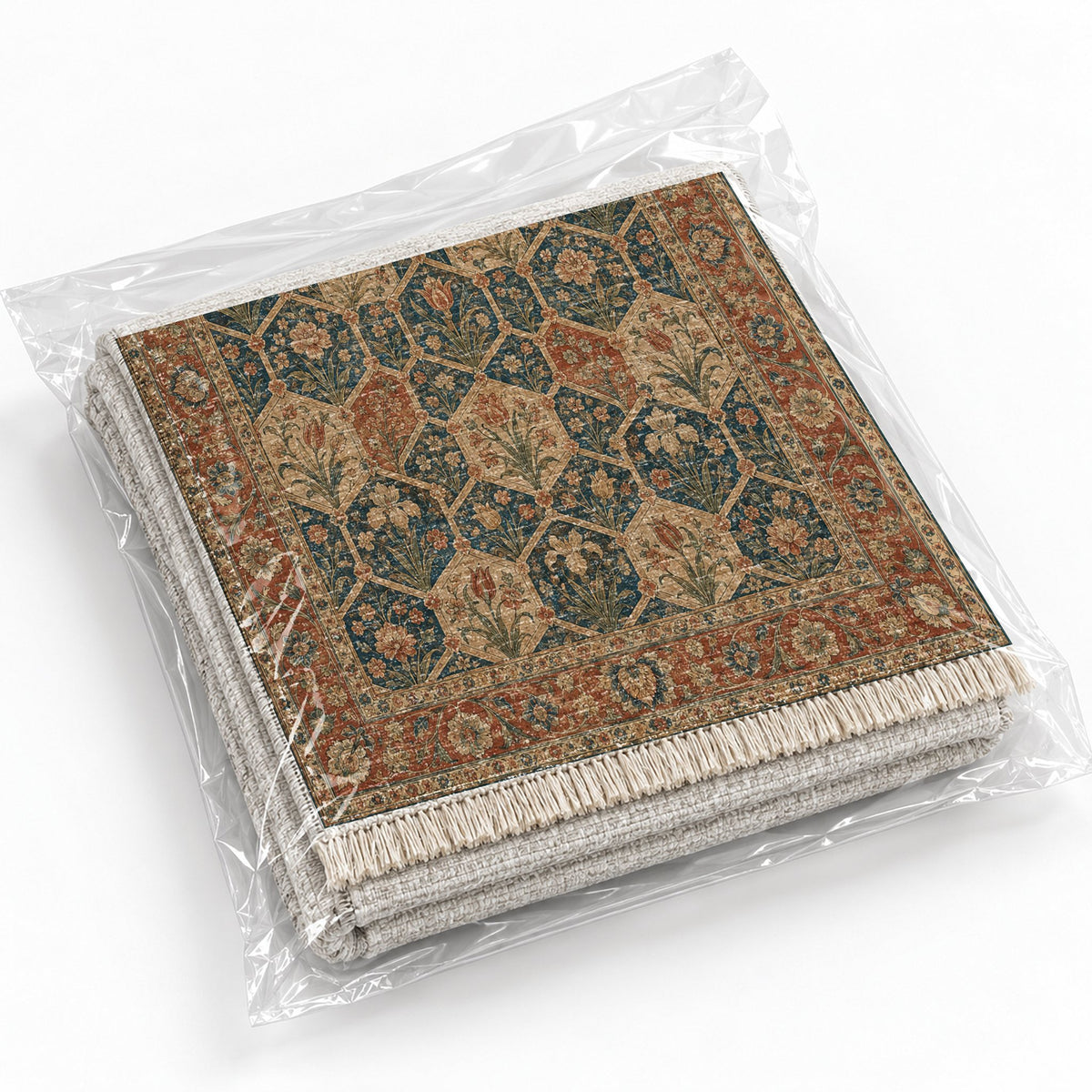 Jali Garden Indigo & Rust washable rug rolled and packaged