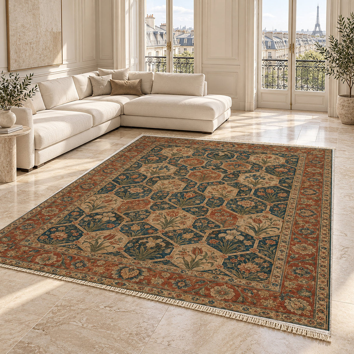 Jali Garden Indigo & Rust washable rug angled room view on marble
