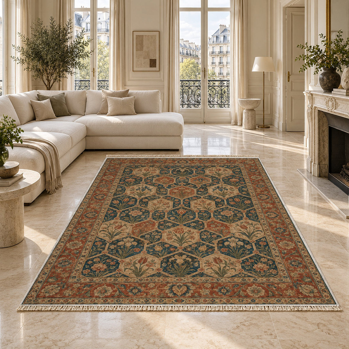 Jali Garden Indigo & Rust washable rug on a marble floor