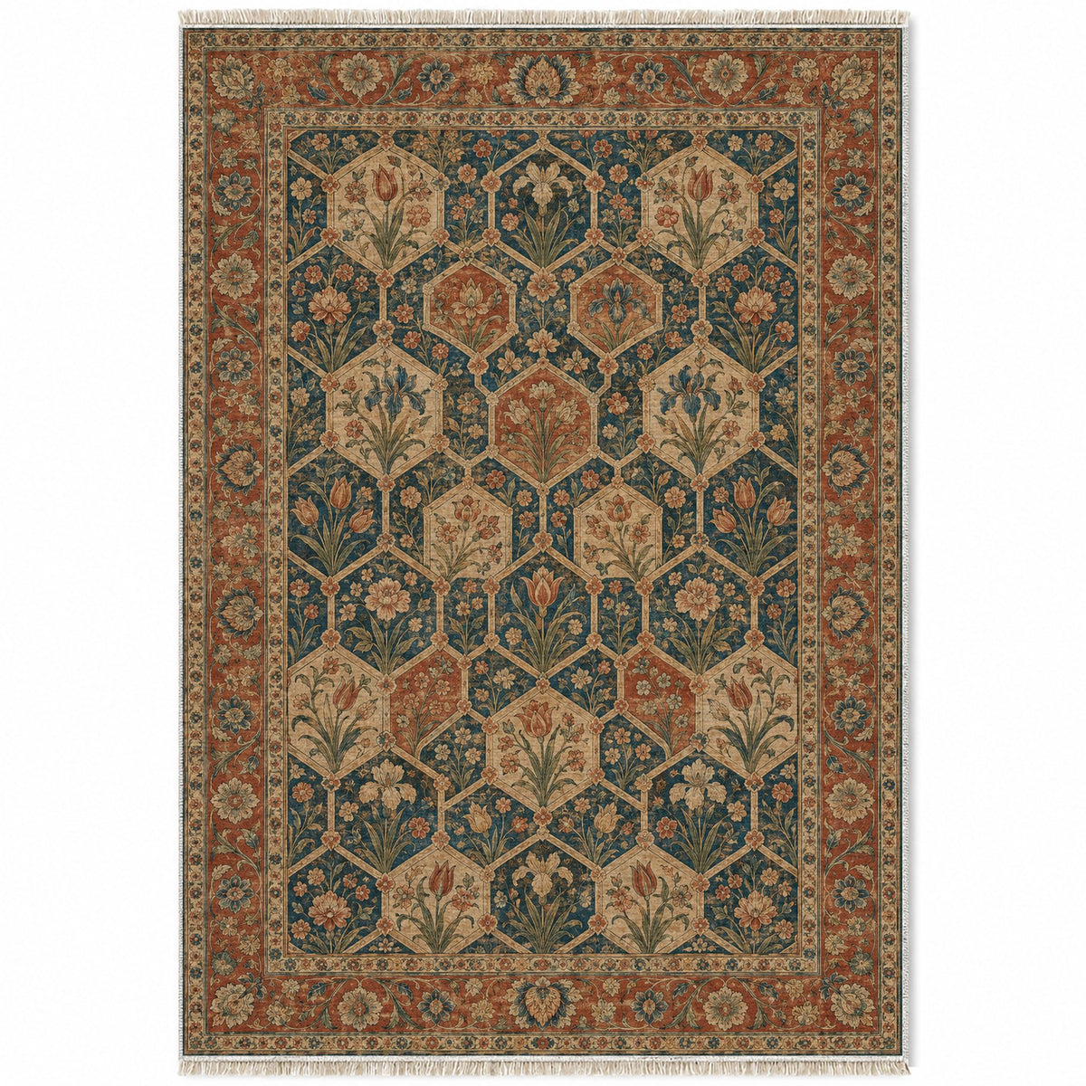 Jali Garden Indigo & Rust washable rug top view