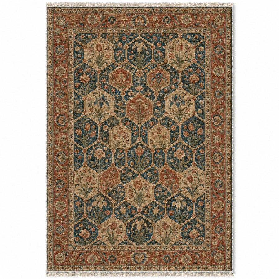 Jali Garden Indigo & Rust Mughal Washable Rug