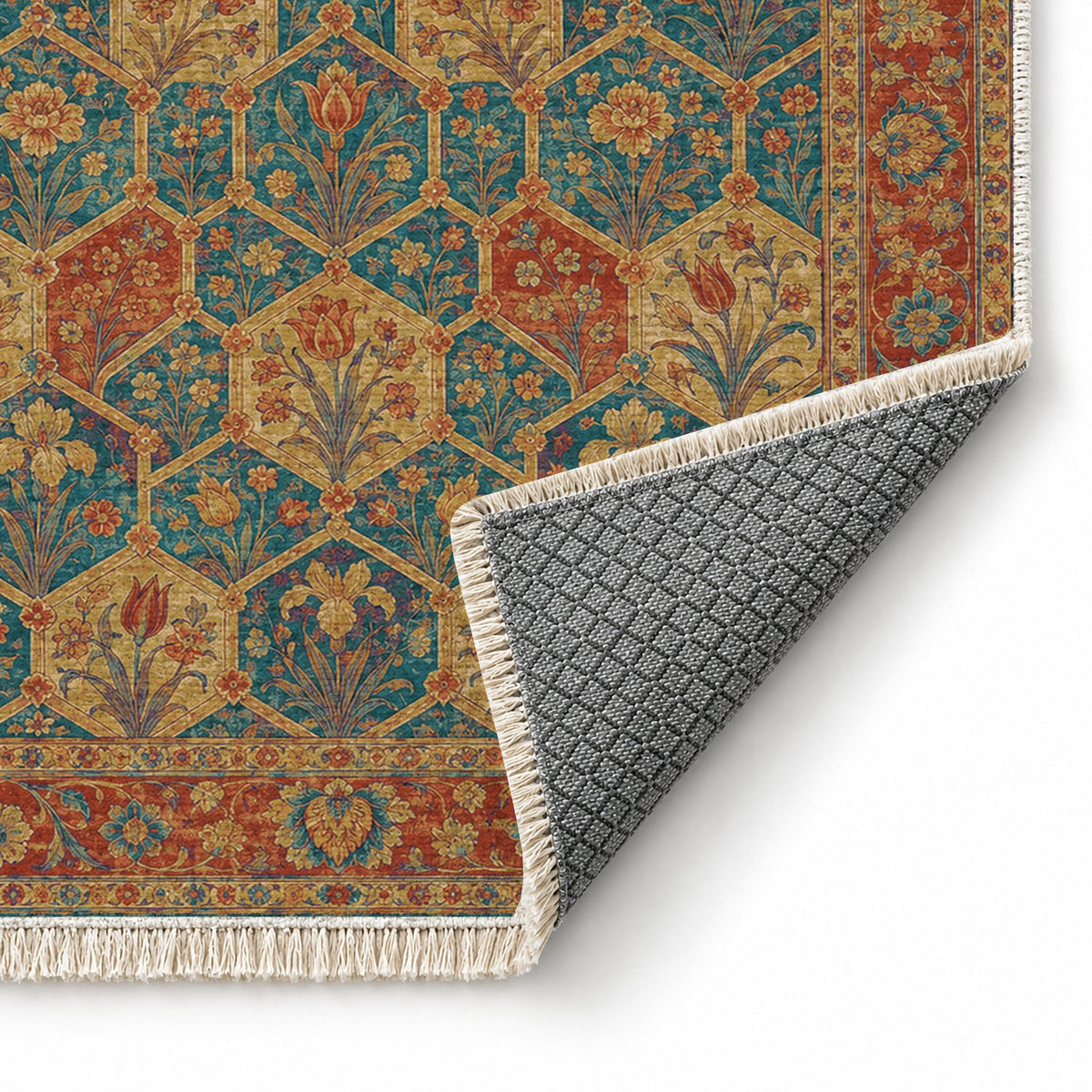 Jali Garden Peacock & Ochre washable rug folded corner showing the backing