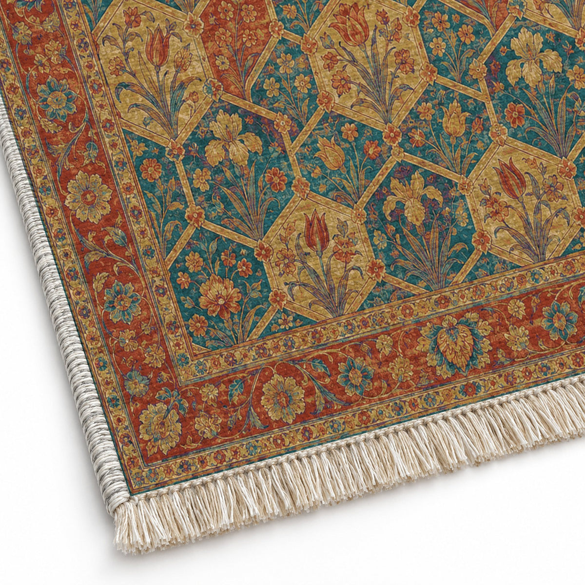Jali Garden Peacock & Ochre washable rug close-up of the printed chenille