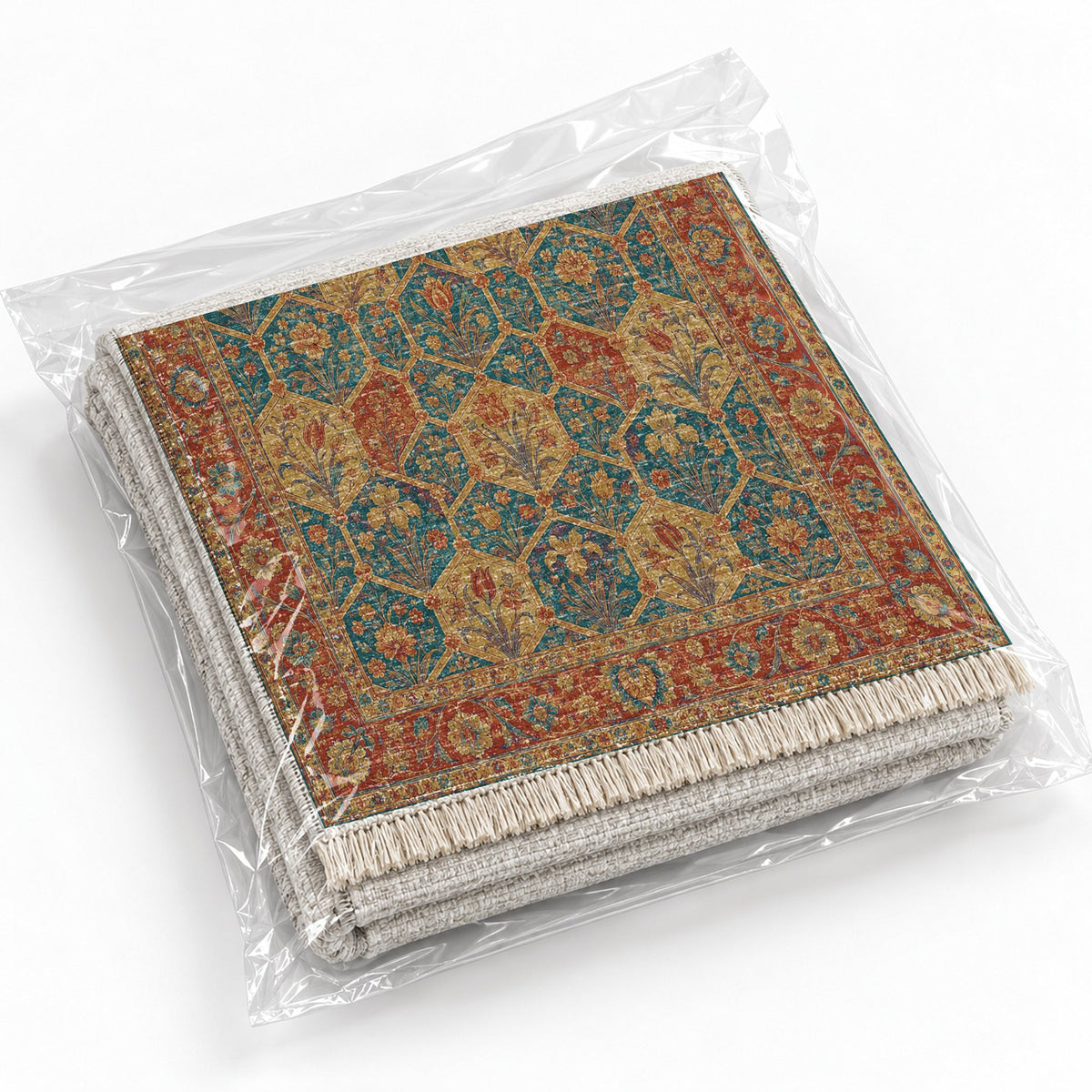 Jali Garden Peacock & Ochre washable rug rolled and packaged