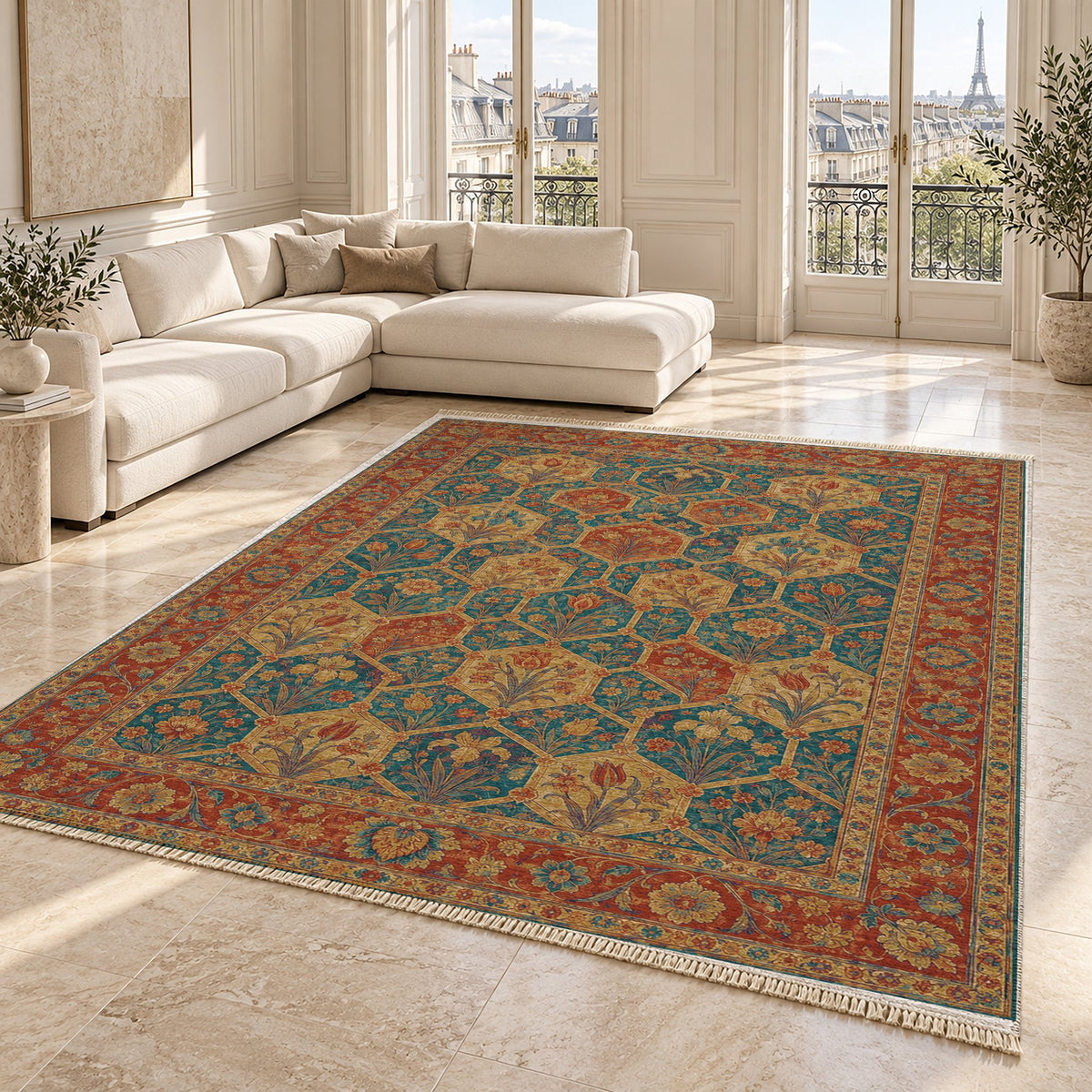 Jali Garden Peacock & Ochre washable rug angled room view on marble