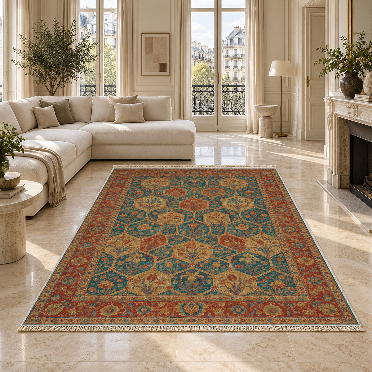 Jali Garden Peacock & Ochre washable rug on a marble floor