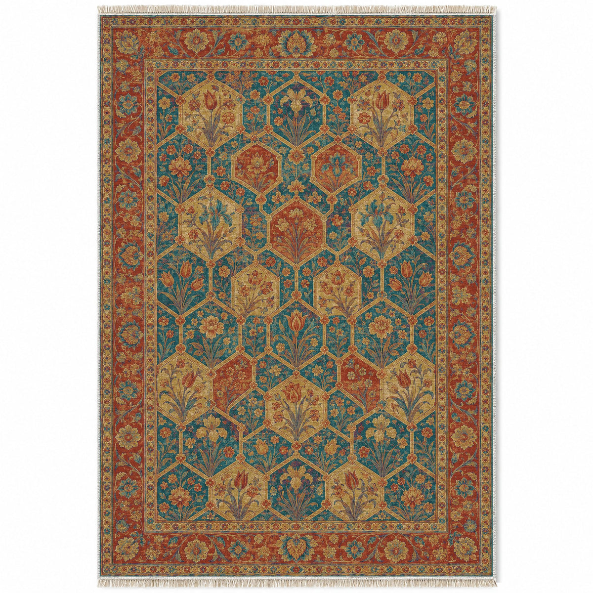 Jali Garden Peacock & Ochre washable rug top view