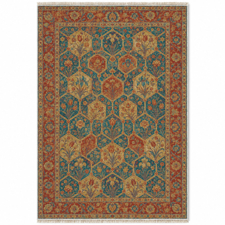 Jali Garden Peacock & Ochre Mughal Washable Rug