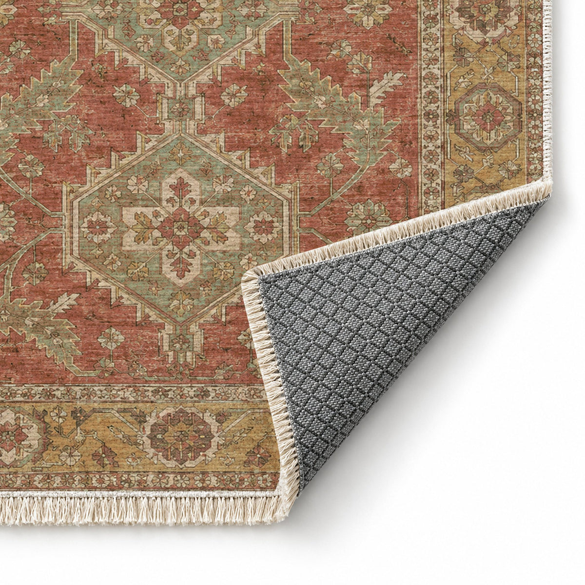 Kars Angular Court Clay & Sage washable rug folded corner showing the backing