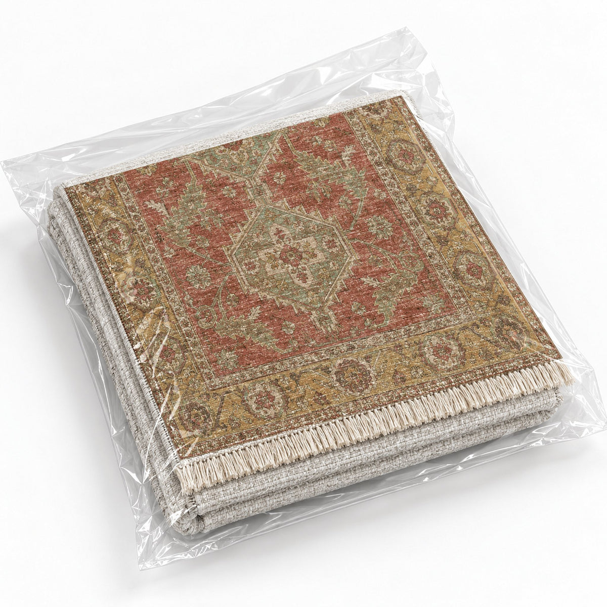 Kars Angular Court Clay & Sage washable rug rolled and packaged