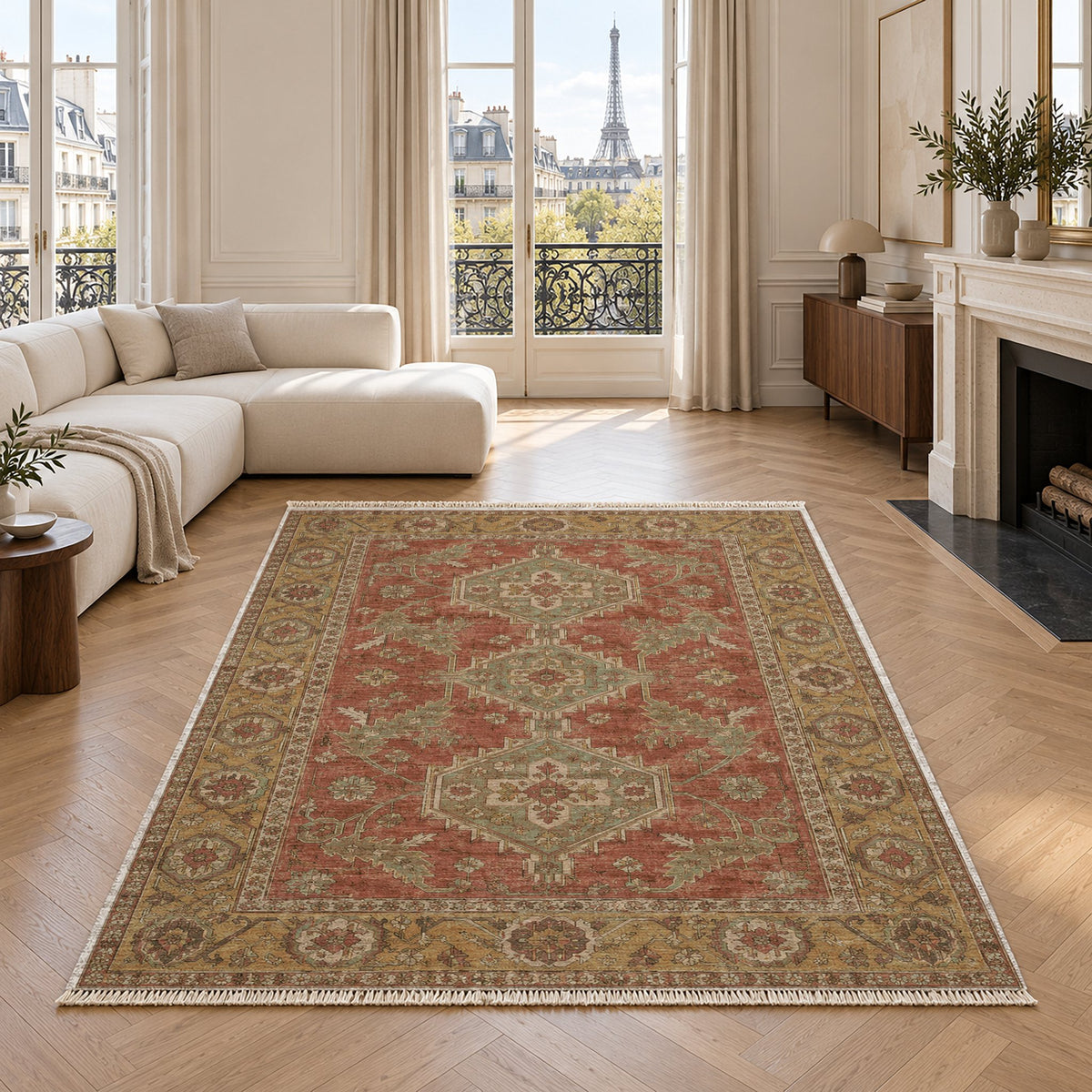 Kars Angular Court Clay & Sage washable rug in a living room with an Eiffel Tower view