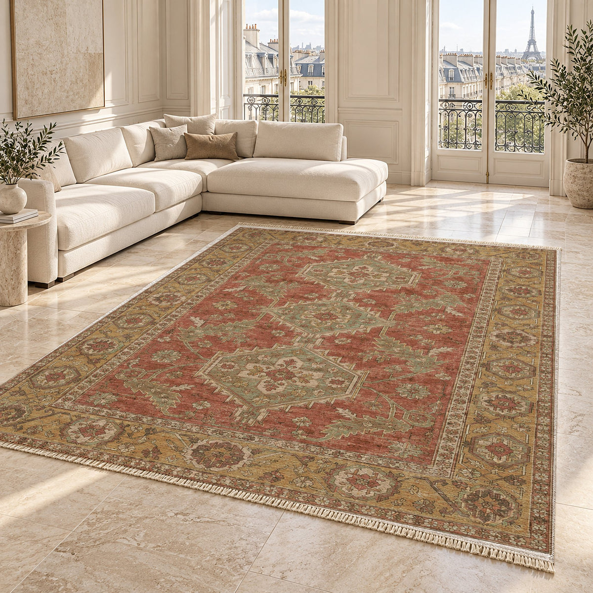 Kars Angular Court Clay & Sage washable rug angled room view on marble