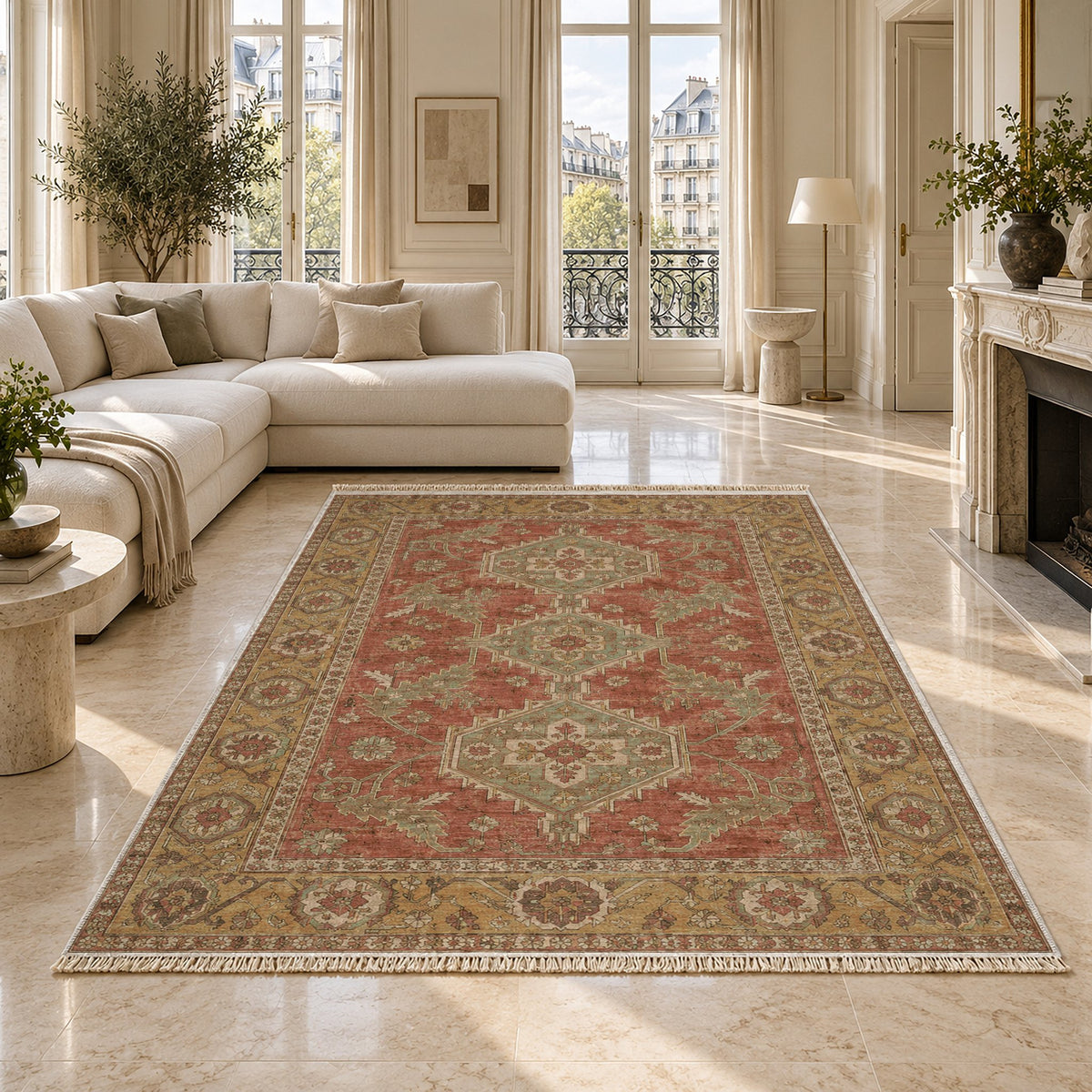 Kars Angular Court Clay & Sage washable rug on a marble floor