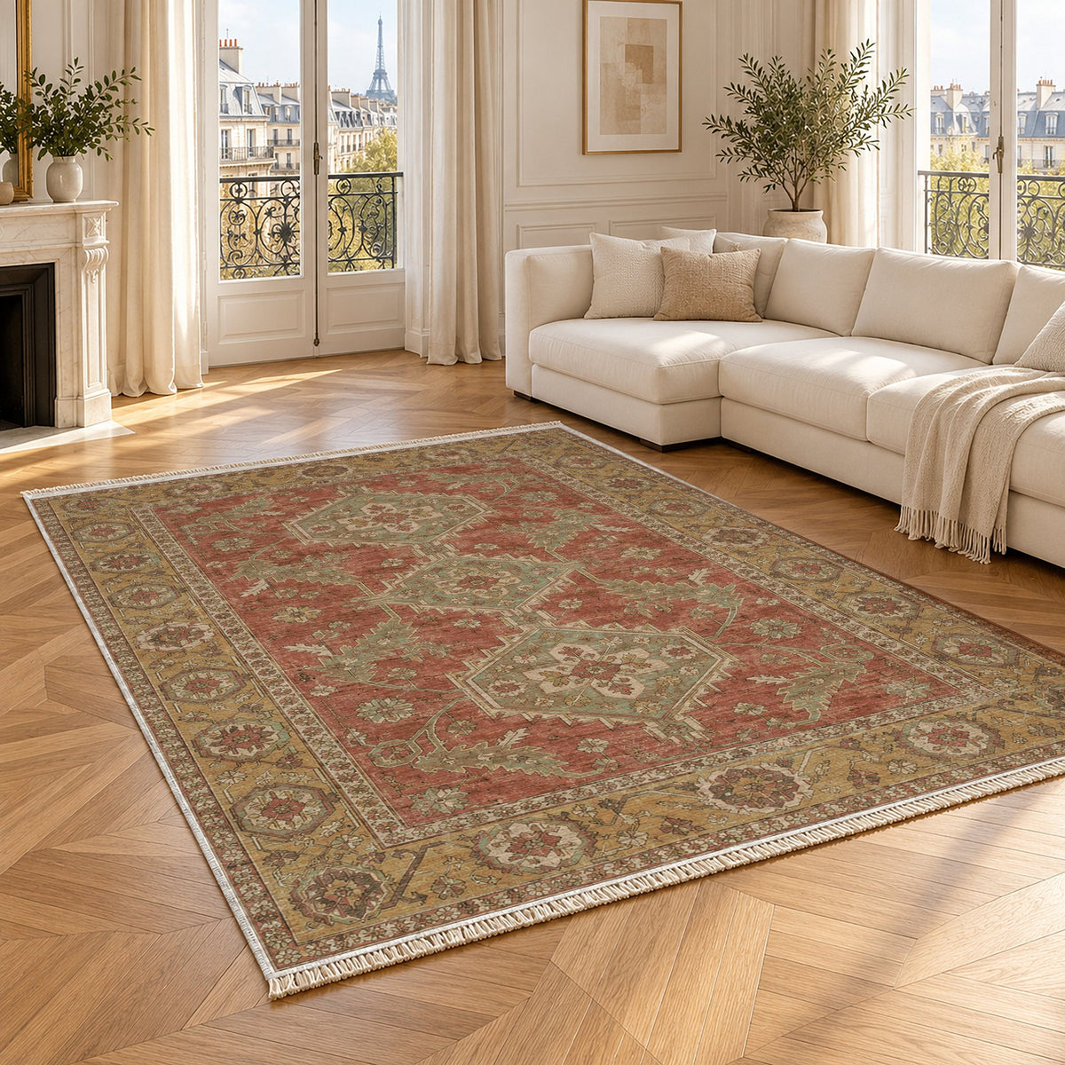 Kars Angular Court Clay & Sage washable rug angled room view