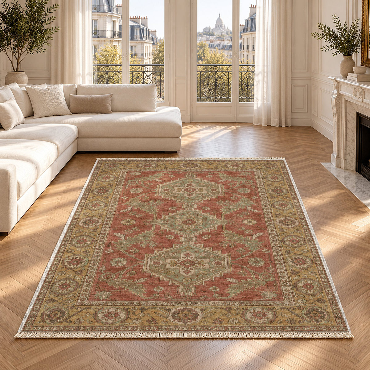 Kars Angular Court Clay & Sage washable rug in a Paris living room