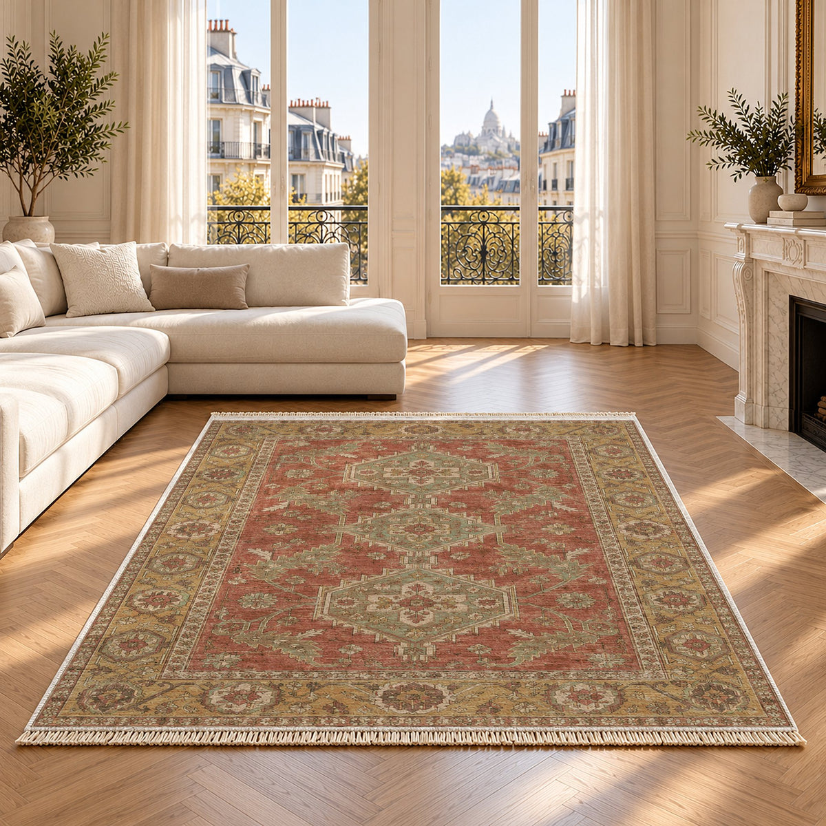 Kars Angular Court Clay & Sage washable rug on an oak floor