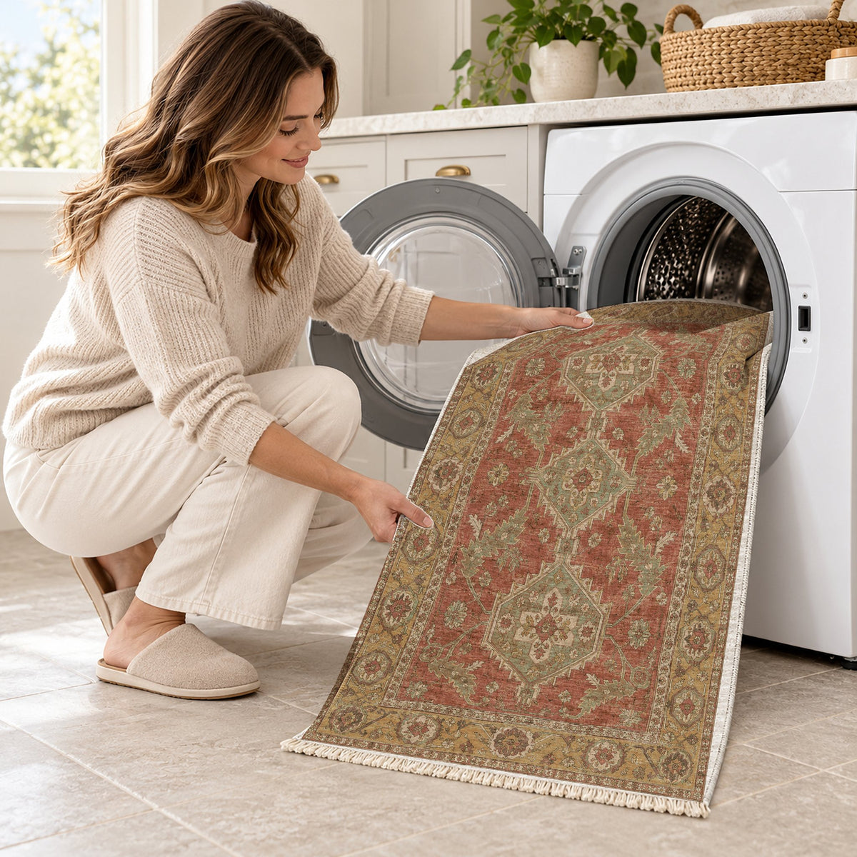 Kars Angular Court Clay & Sage washable rug being loaded into a washing machine
