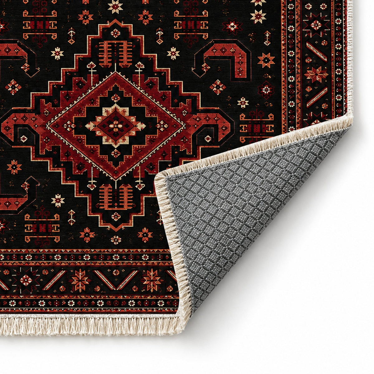 Kazak Hooks Black washable rug folded corner showing the backing