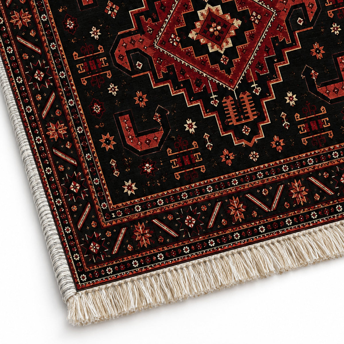 Kazak Hooks Black washable rug close-up of the printed chenille